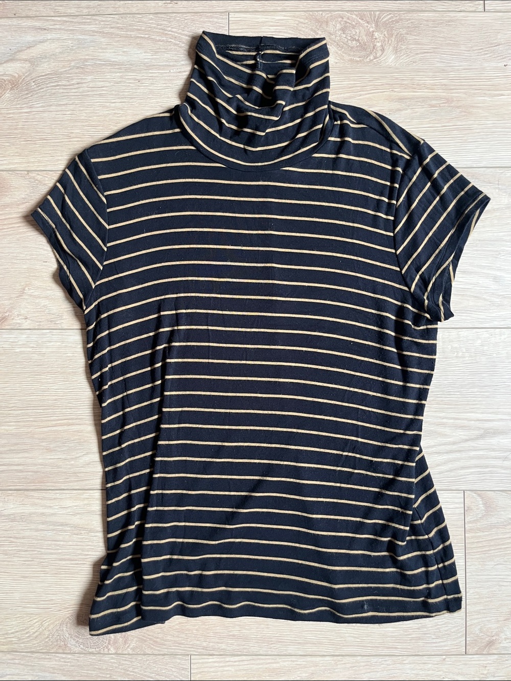 CAbi Black and Tan Striped Short-Sleeve Turtleneck Tee